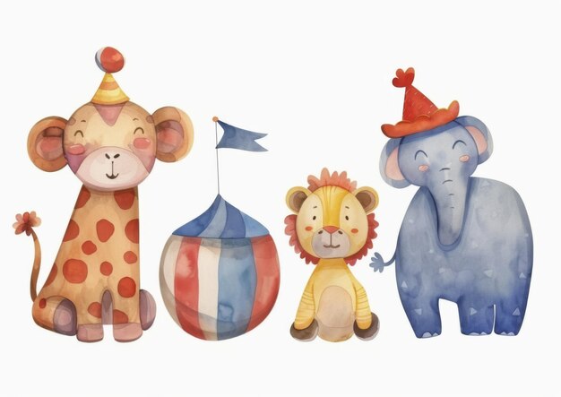 Photo cute watercolor circus animals in hats on white background