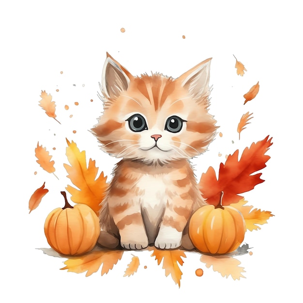 Cute watercolor cute cat with leaves in fall autumn time illustration