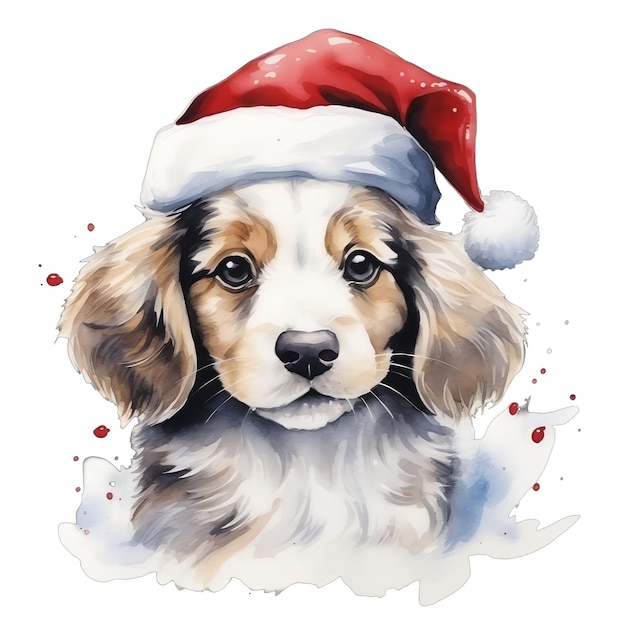 Cute watercolor cute dog in christmas with a christmas hat illustration for christmas