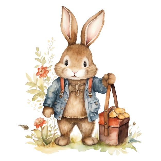 Cute watercolor cute nursery rabbit with clothes traveling illustration woodland animals clipart