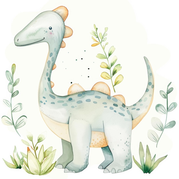 Cute Watercolor Dinosaur with Plants Illustration for Kids39 Decor and Nursery