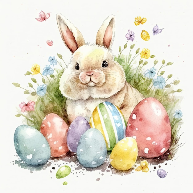 Cute Watercolor Easter Bunny with Eggs Illustration AI GenerativexA