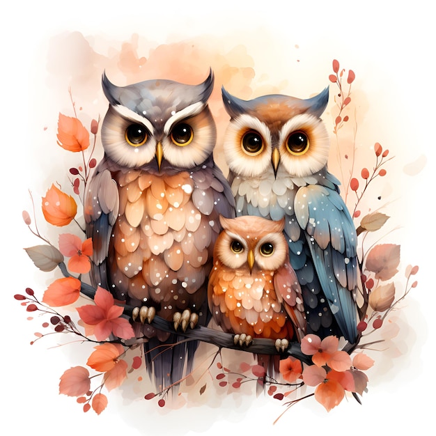 Cute watercolor family Owls illustration painting on white background Generative AI Illustration