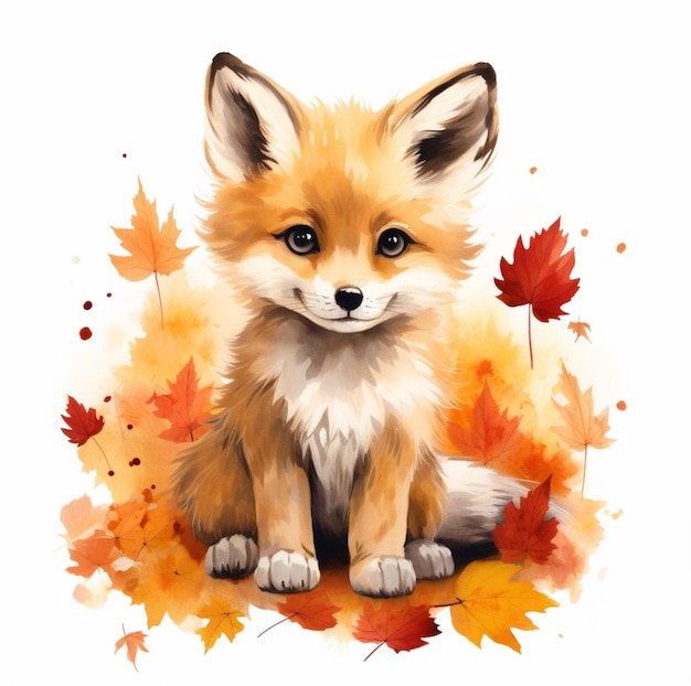 cute watercolor fox autumn leaves