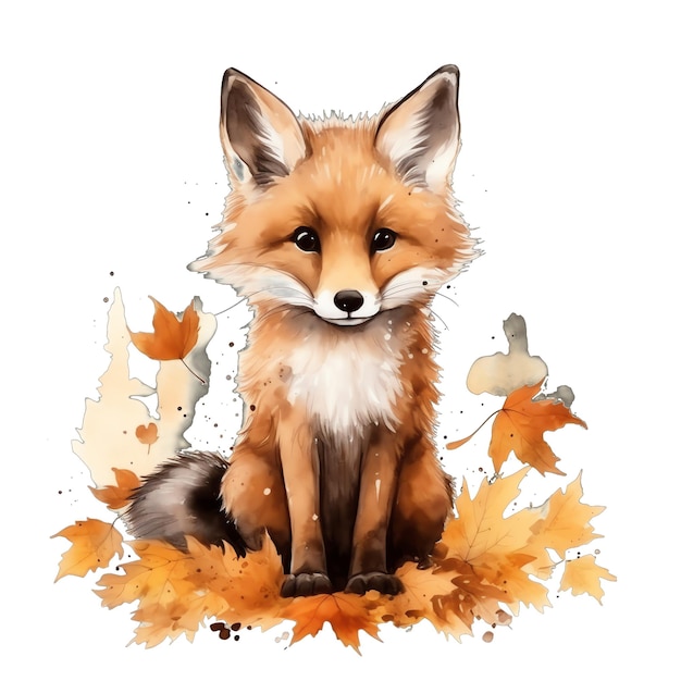 Cute watercolor fox in fall with leaves illustration