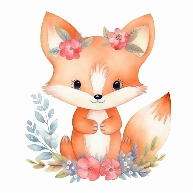 Cute watercolor fox Illustration AI Generative