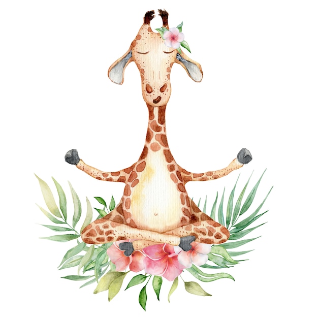 Cute watercolor giraffe with tropical flowers in yoga position Hand drawn illustration