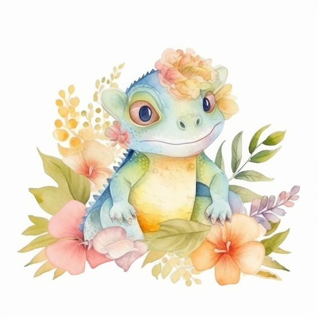 Cute watercolor iguana Illustration Generative AI