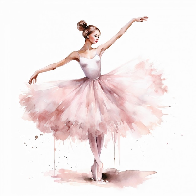 Cute watercolor illustration of a ballerina pink tutu pointe shoes full length graceful slim girl