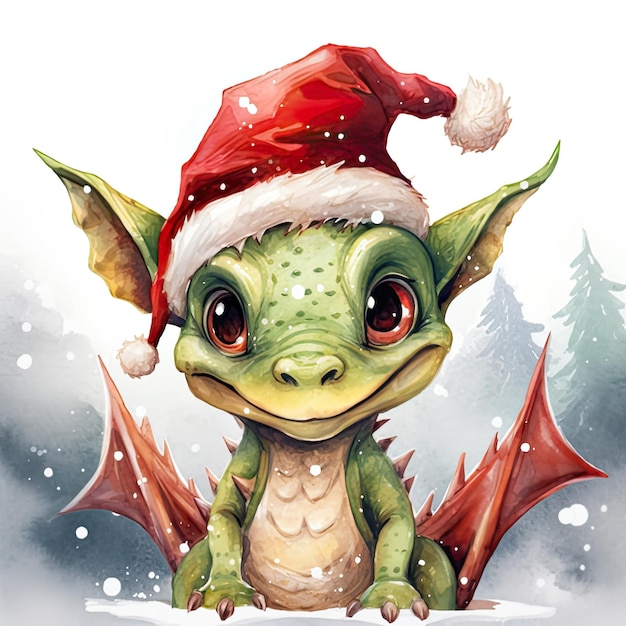 Cute watercolor illustration of a christmas dragon