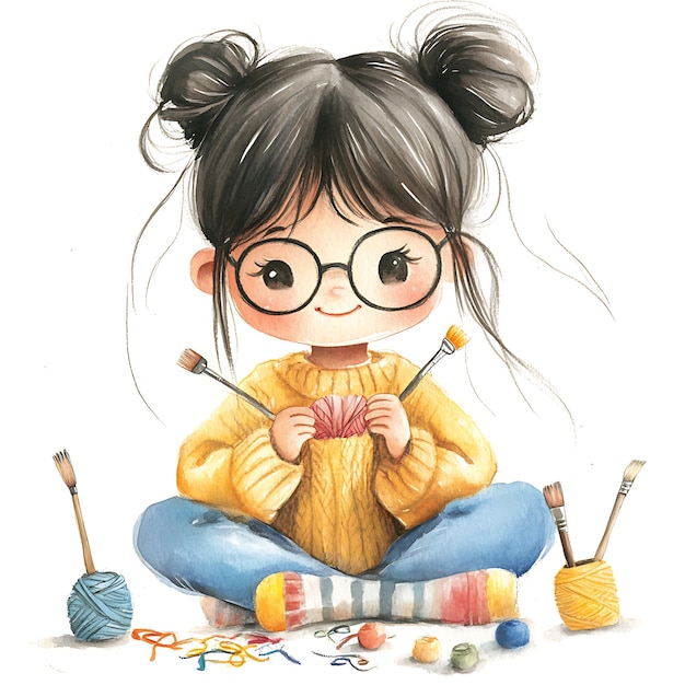 Photo cute watercolor illustration of a girl knitting with yarn and brushes