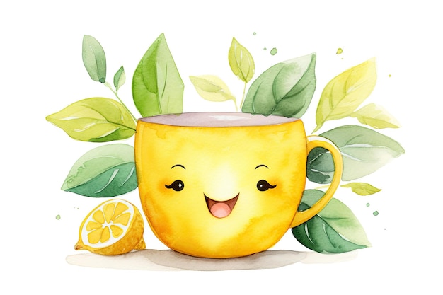 Cute watercolor illustration of a mug in kawaii style Green tea with lemon