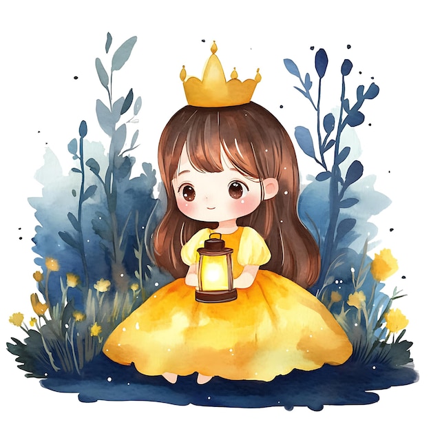 Cute Watercolor Illustration of a Princess with a Lantern in a Forest