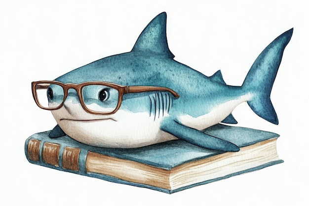 Photo a cute watercolor illustration of a shark wearing glasses and reading a book this image repres