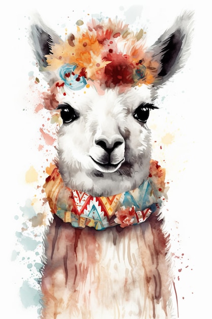 Cute watercolor lama Illustration AI GenerativexA