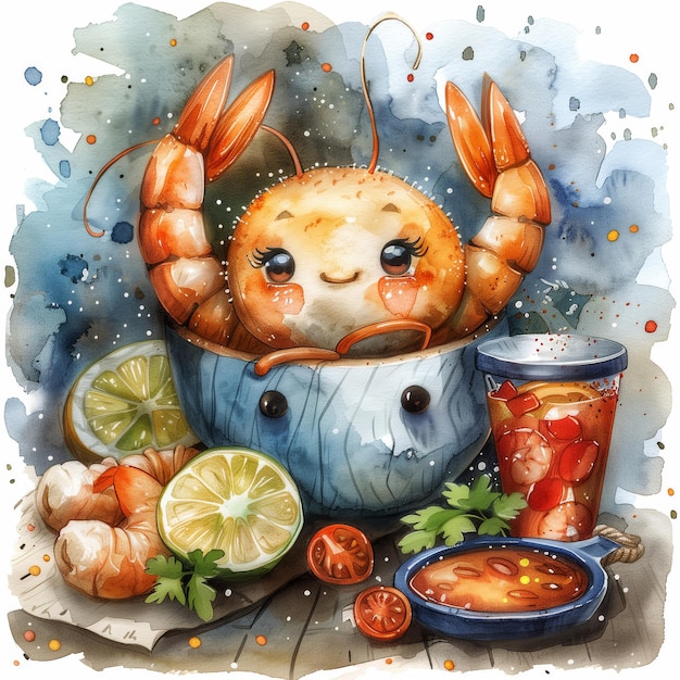 Photo cute watercolor mexican food ceviche with seafood cartoon shrimp in a bowl with lemon