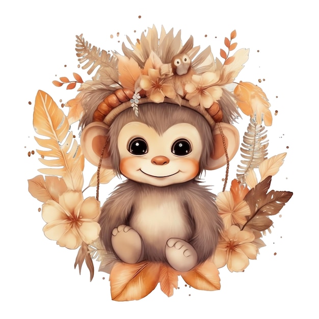 Cute watercolor monkey with flowers and boho plants illustration