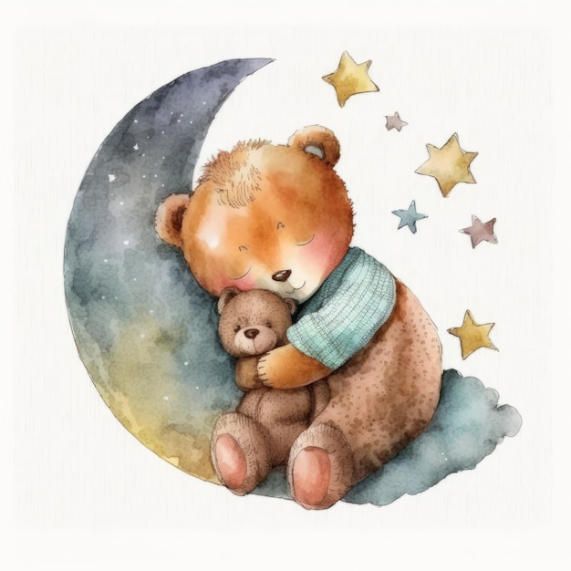 Cute watercolor night bear Illustration AI GenerativexA