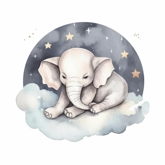 Cute watercolor night elephant Illustration Generative AI