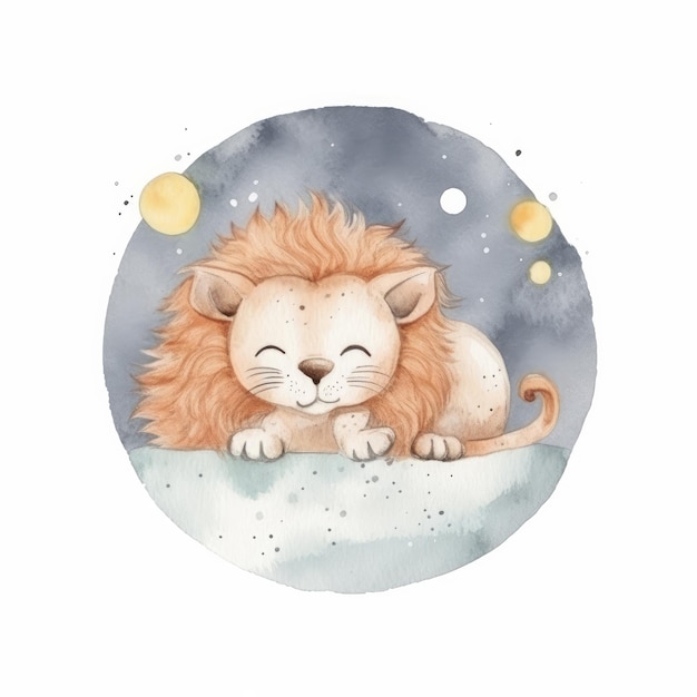 Cute watercolor night lion Illustration AI Generative