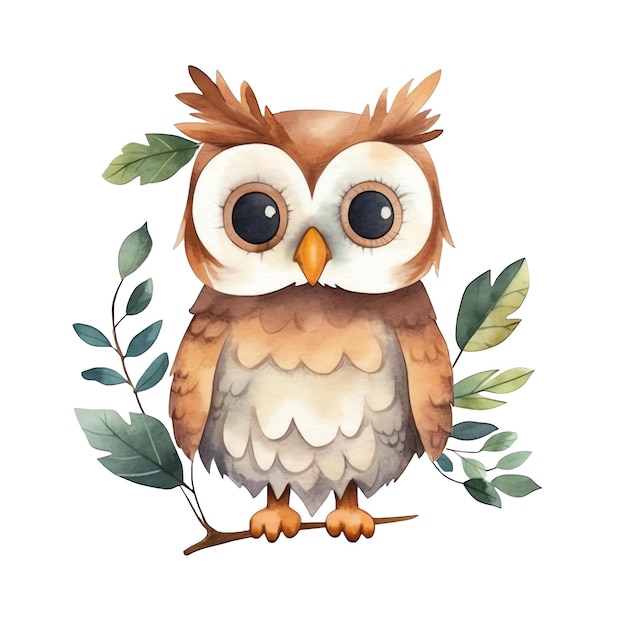 Cute watercolor owl on branch illustration woodland animals clipart