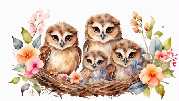 Cute watercolor owl family with chicks in a spring blooming nest of twigs and flowers on a white background Spring card spring time AI generated