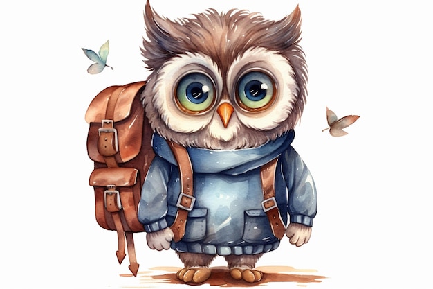 Photo cute watercolor owl with backpack and book back to school theme isolated