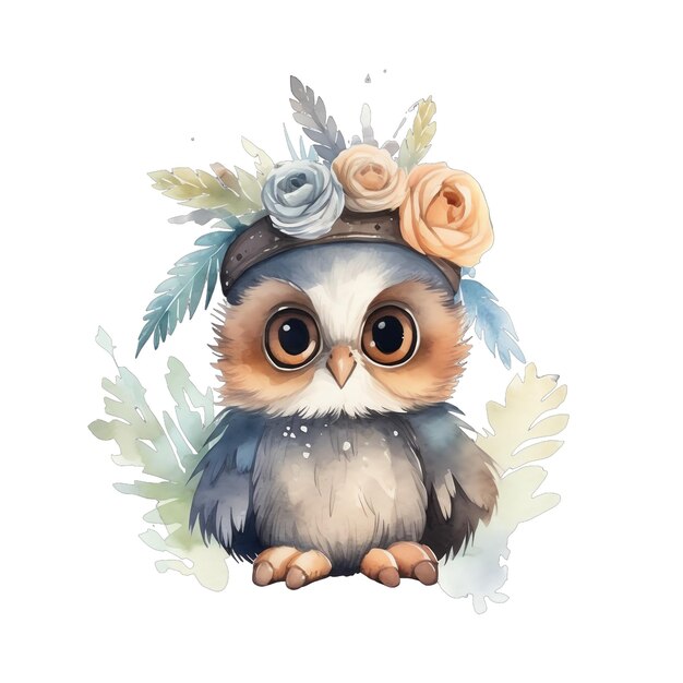 Cute watercolor owl with flowers and boho plants illustration