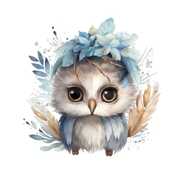 Cute watercolor owl with flowers and boho plants illustration