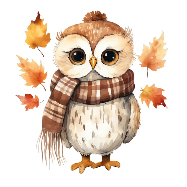 Cute watercolor owl with scarf in fall autumn time with leaves illustration