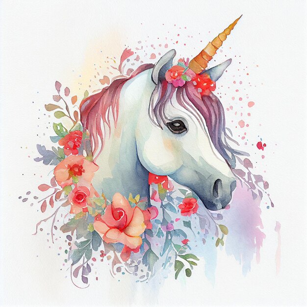 Cute Watercolor Painting Unicorn with Flowers Illustration Generative AI