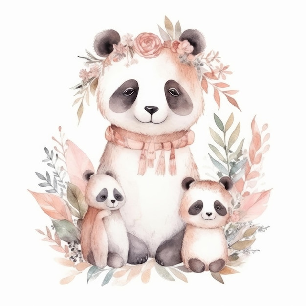 Cute watercolor panda family Illustration AI GenerativexA