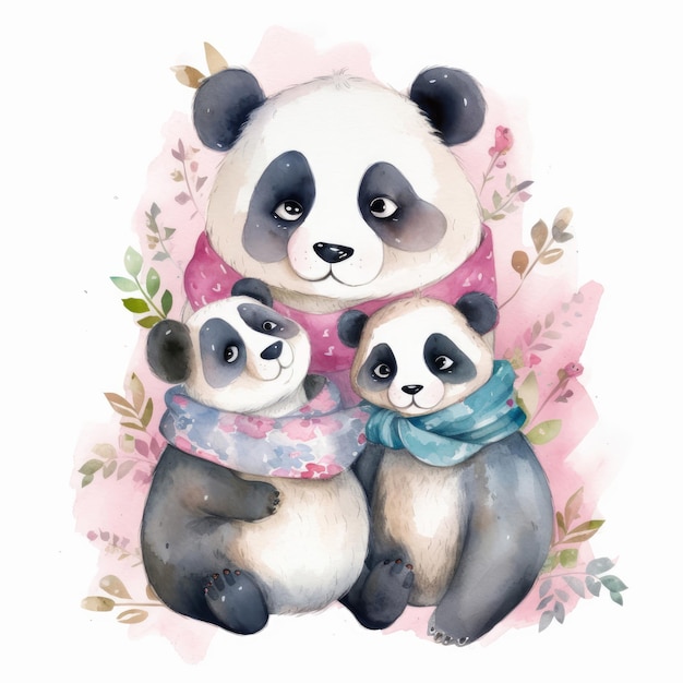 Cute watercolor panda family Illustration AI GenerativexA