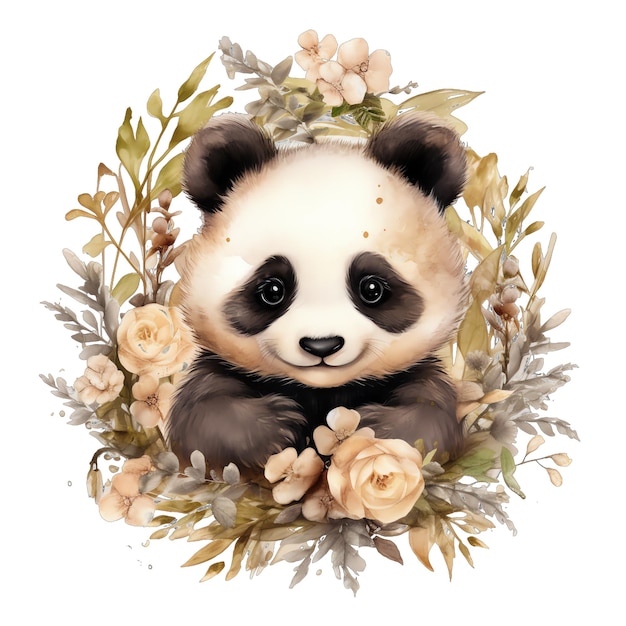 Cute watercolor panda with flowers and boho plants illustration