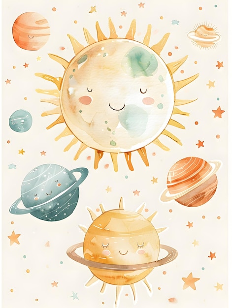 Cute Watercolor of the Playful Solar System for Nursery Decor