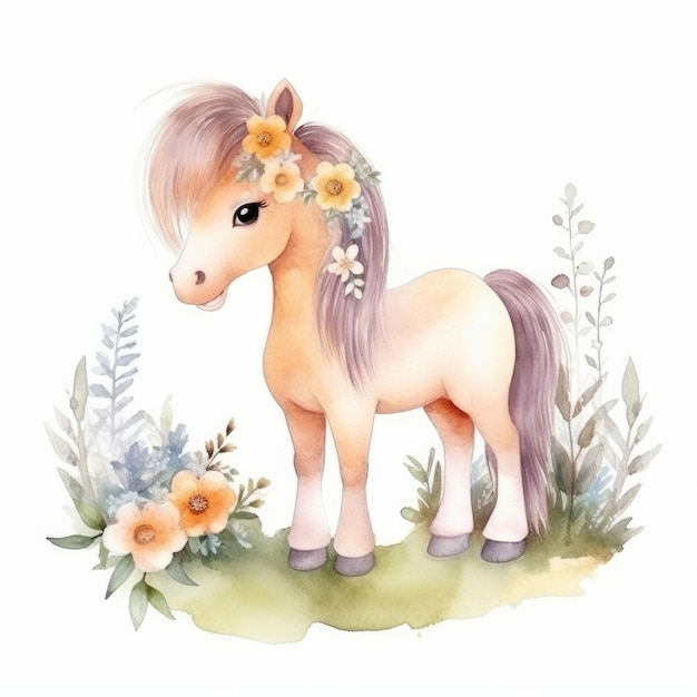 Cute watercolor pony Illustration AI GenerativexA