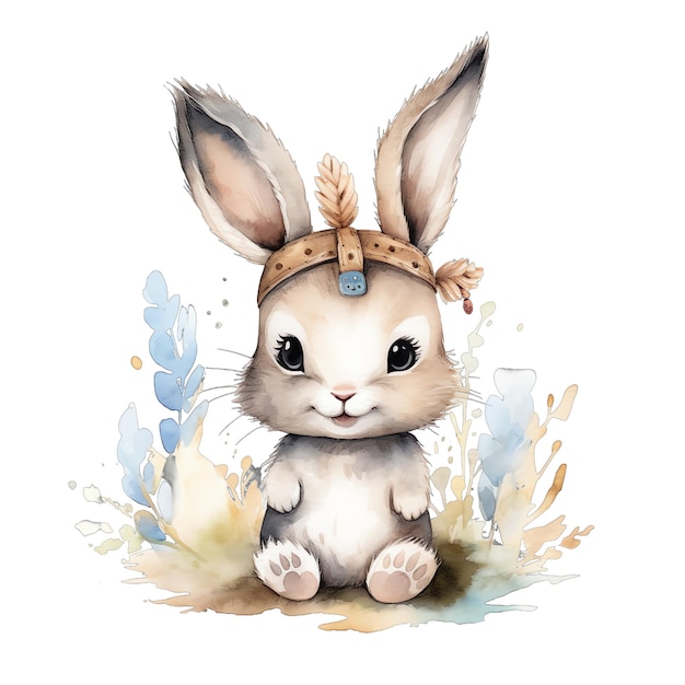 Cute watercolor rabbit with flowers and boho plants illustration