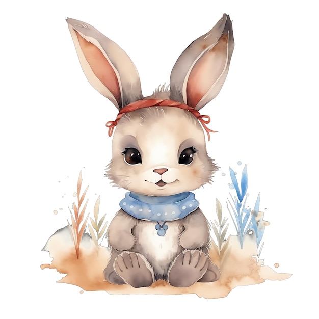 Cute watercolor rabbit with flowers and boho plants illustration