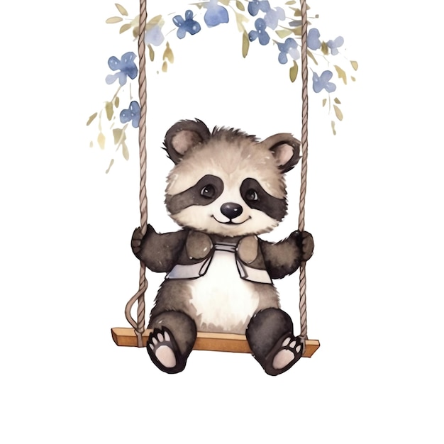 Cute watercolor raccoon on swing illustration woodland animals clipart