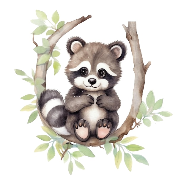 Cute watercolor raccoon with flowers illustration woodland animals clipart