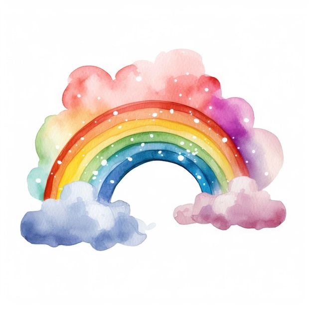 Cute Watercolor Rainbow with Clouds Clipart White