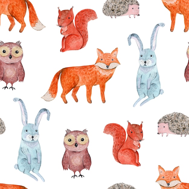 Cute watercolor seamless pattern with cheerful forest fox and squirrel, hare, owl and hedgehog