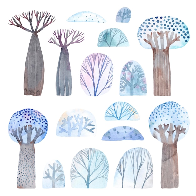 Cute watercolor set of decorative trees bushes Childrens illustration in watercolor New Year and Christmas elements of nature to create a landscape