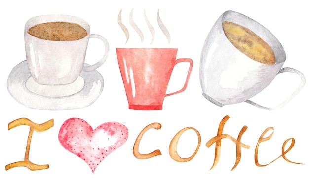 Cute watercolor set on the theme of coffee love