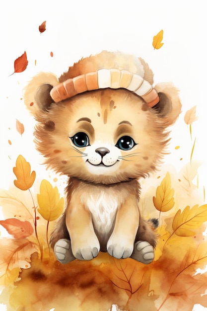 Cute watercolor smiling happy lion baby in autumn