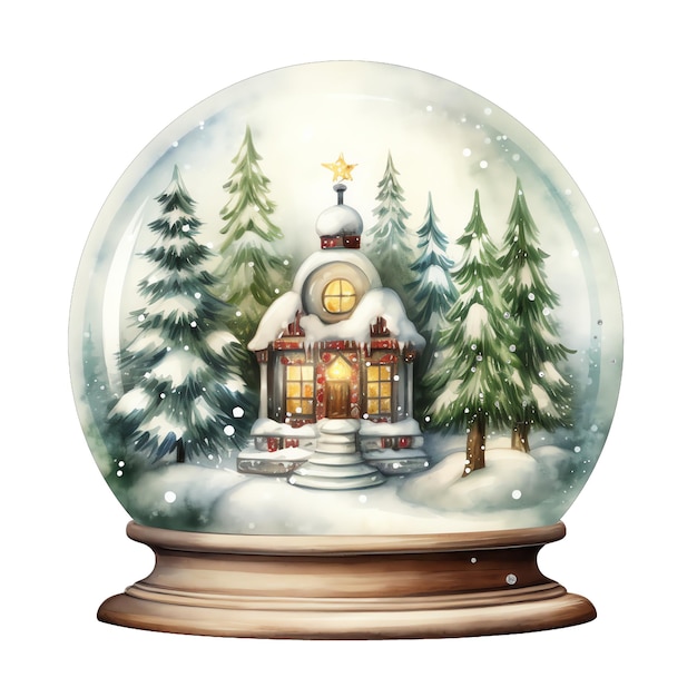 Cute watercolor snowball of a cabin in the snow in christmas illustration for christmas