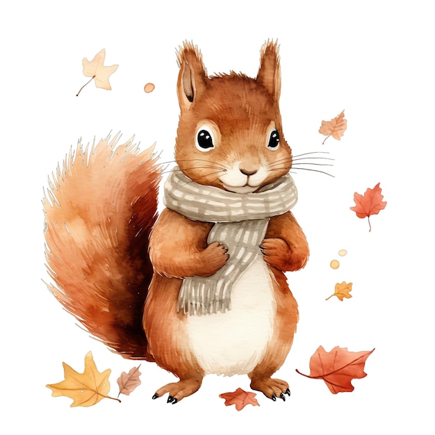 Cute watercolor squirrel with scarf in fall autumn time with falling leaves illustration