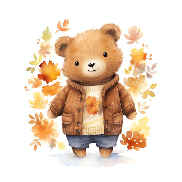 Cute watercolor teddy bear in the autumn fall illustration teddy bears clipart