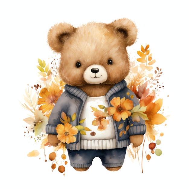 Cute watercolor teddy bear in the autumn fall illustration teddy bears clipart