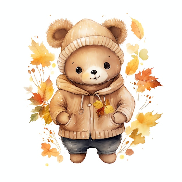 Cute watercolor teddy bear in the autumn fall illustration teddy bears clipart